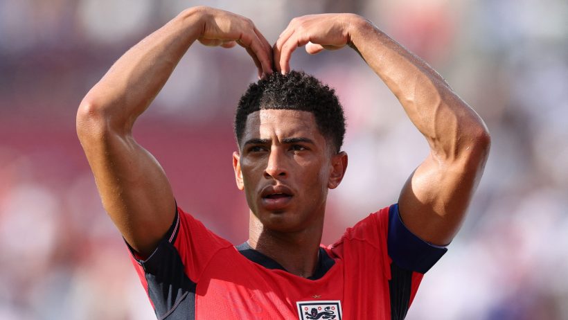 England's Jude Bellingham celebrates following a match.