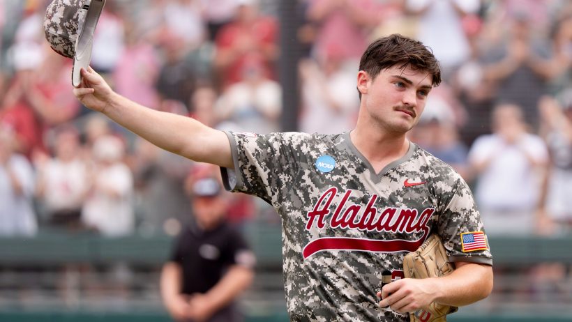 Zane Adams salutes the crowd after his performance at the Super Regionals.