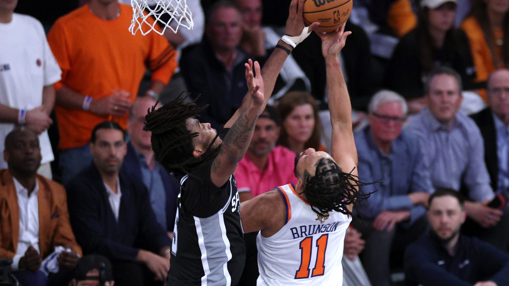 Jalen Brunson is stuffed by Stephon Castle in Game 3 of the NBA Finals.