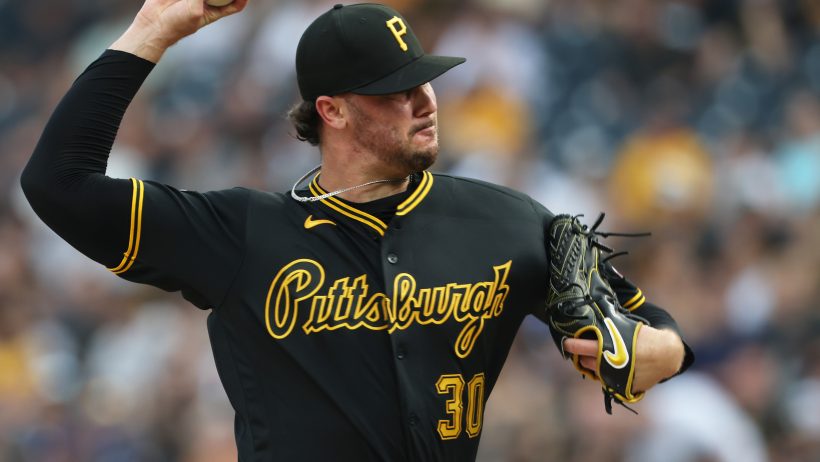 Paul Skenes delivers a pitch in a game vs the Dodgers.