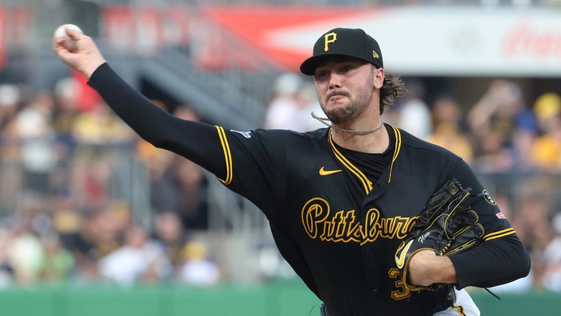 Paul Skenes delivers a pitch in a game vs the Dodgers.