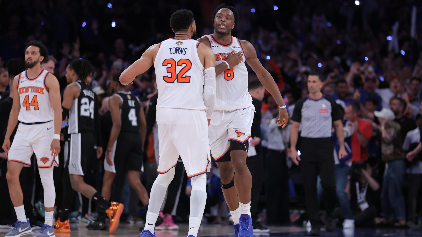 OG Anunoby and Karl-Anthony Towns celebrate