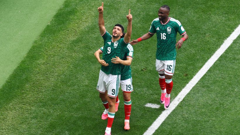 Raul Jimenez celebrating a goal with Mexico in the 2026 FIFA World Cup.