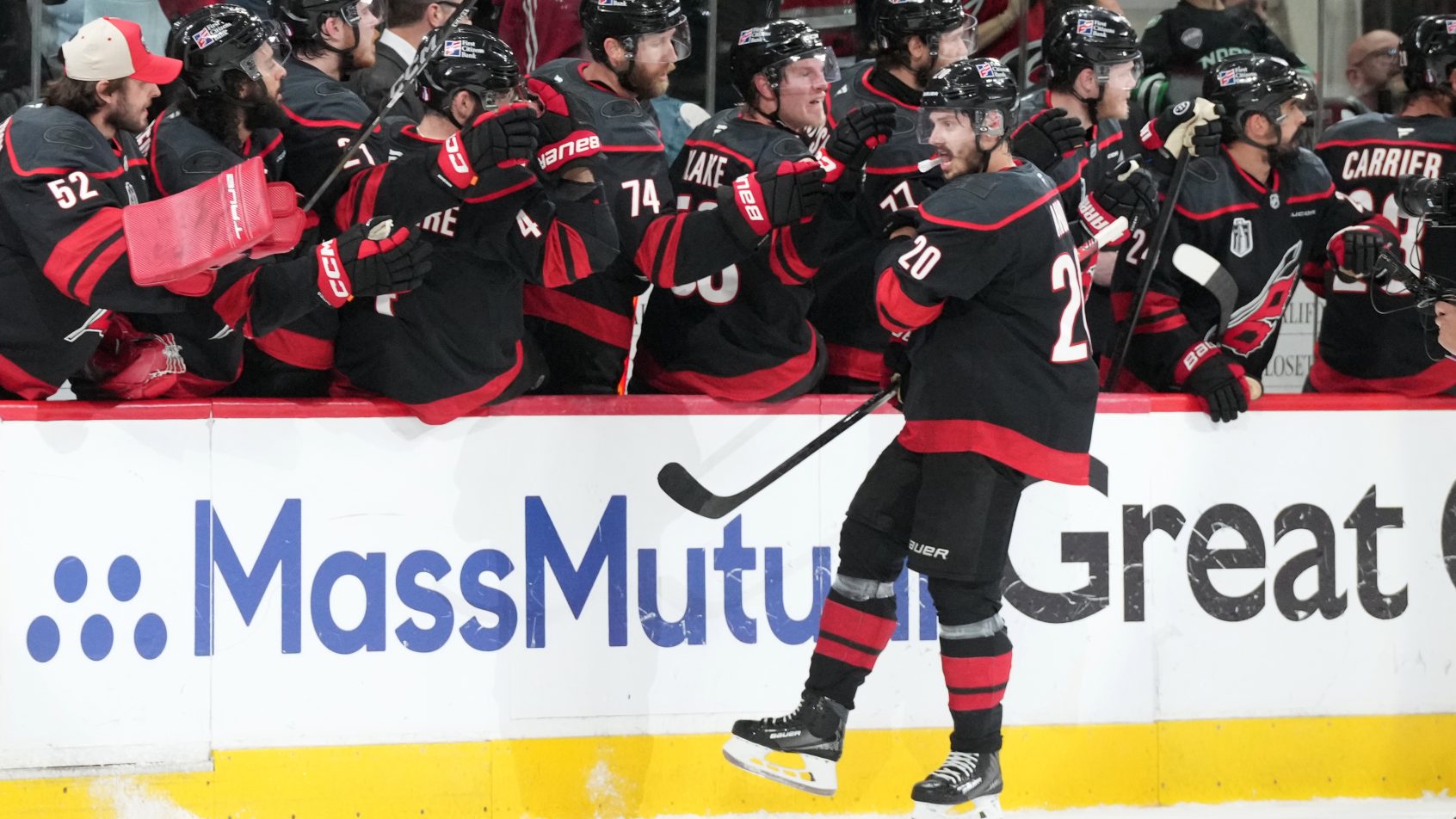Sebastian Aho goal celebration along bench