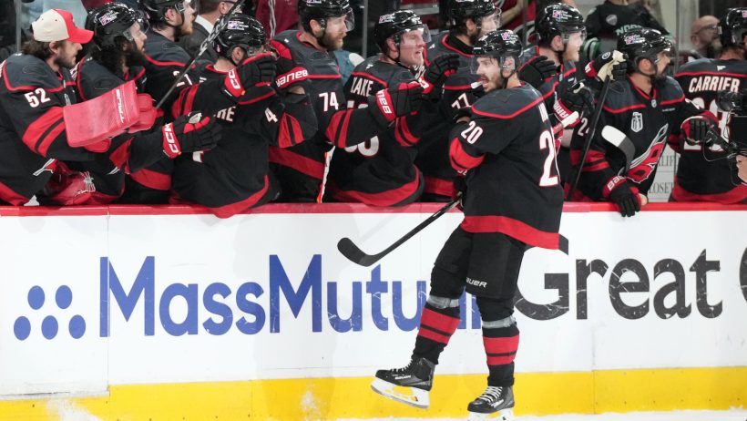Sebastian Aho goal celebration along bench