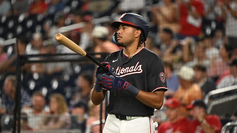 James Wood holding bat.
