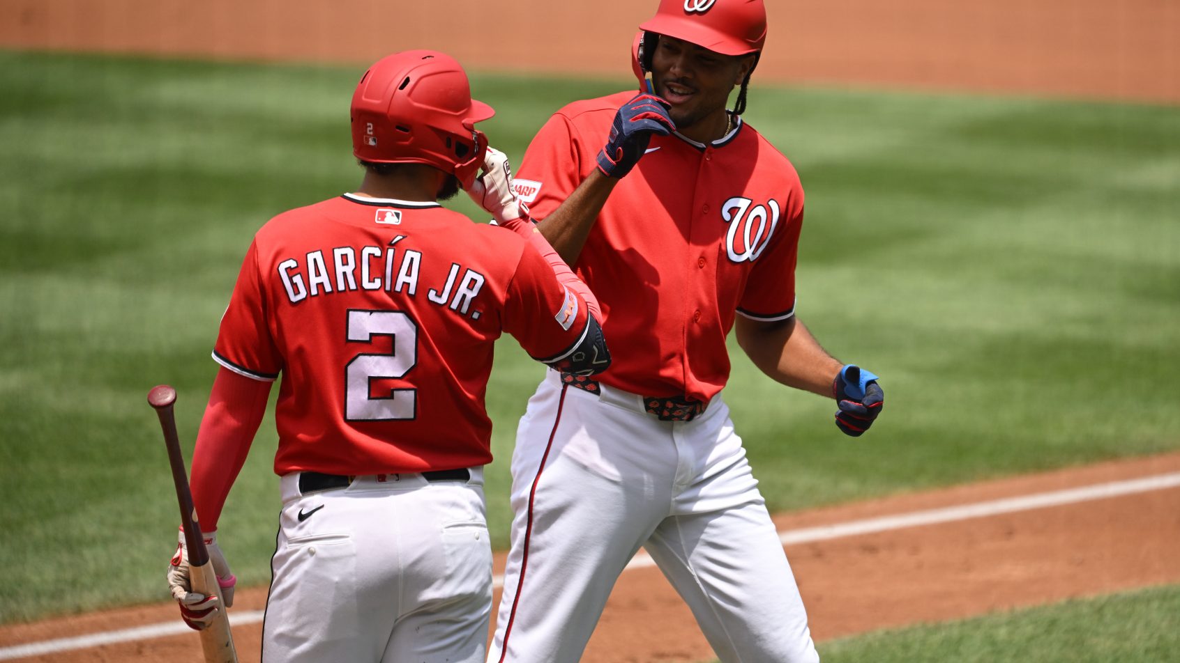 Washington Nationals right fielder James Wood celebrates a home run