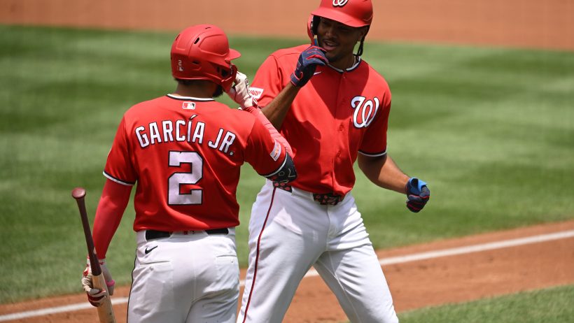 Washington Nationals right fielder James Wood celebrates a home run