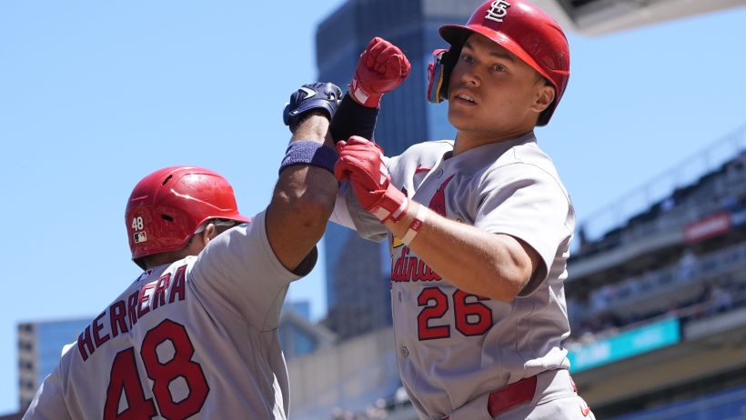 The Cardinals celebrate a two-run home run versus the Twins.