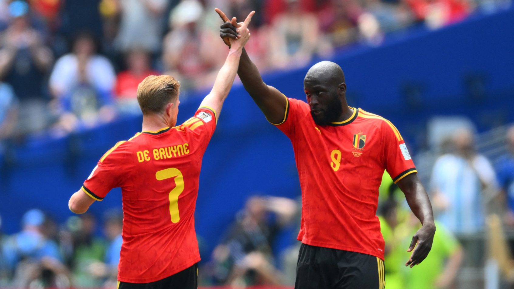 Belgium's Romelu Lukaku and Kevin De Bruyne celebrate a goal