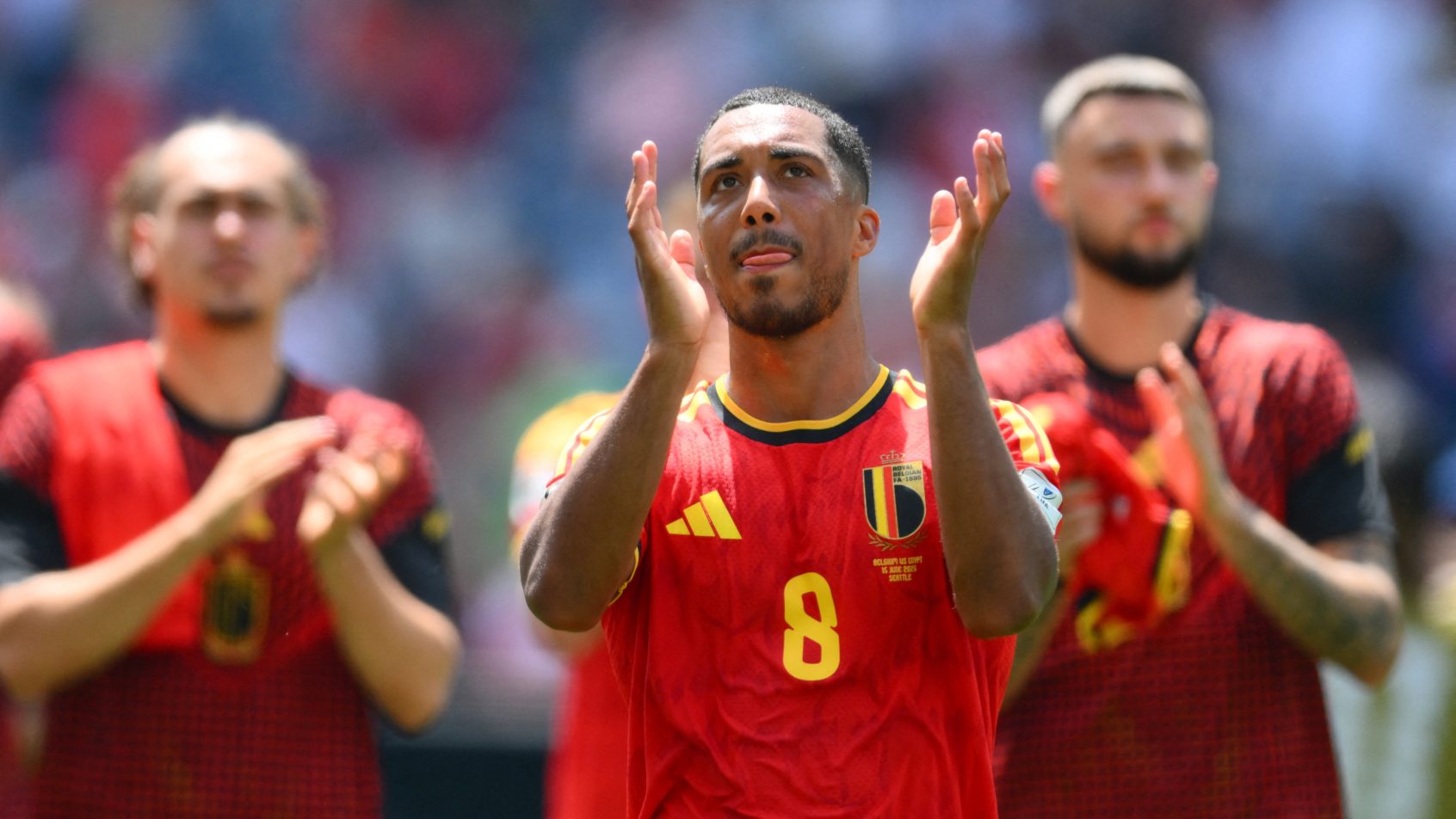 Belgium acknowledges their fans following a draw with Egypt at the FIFA World Cup.