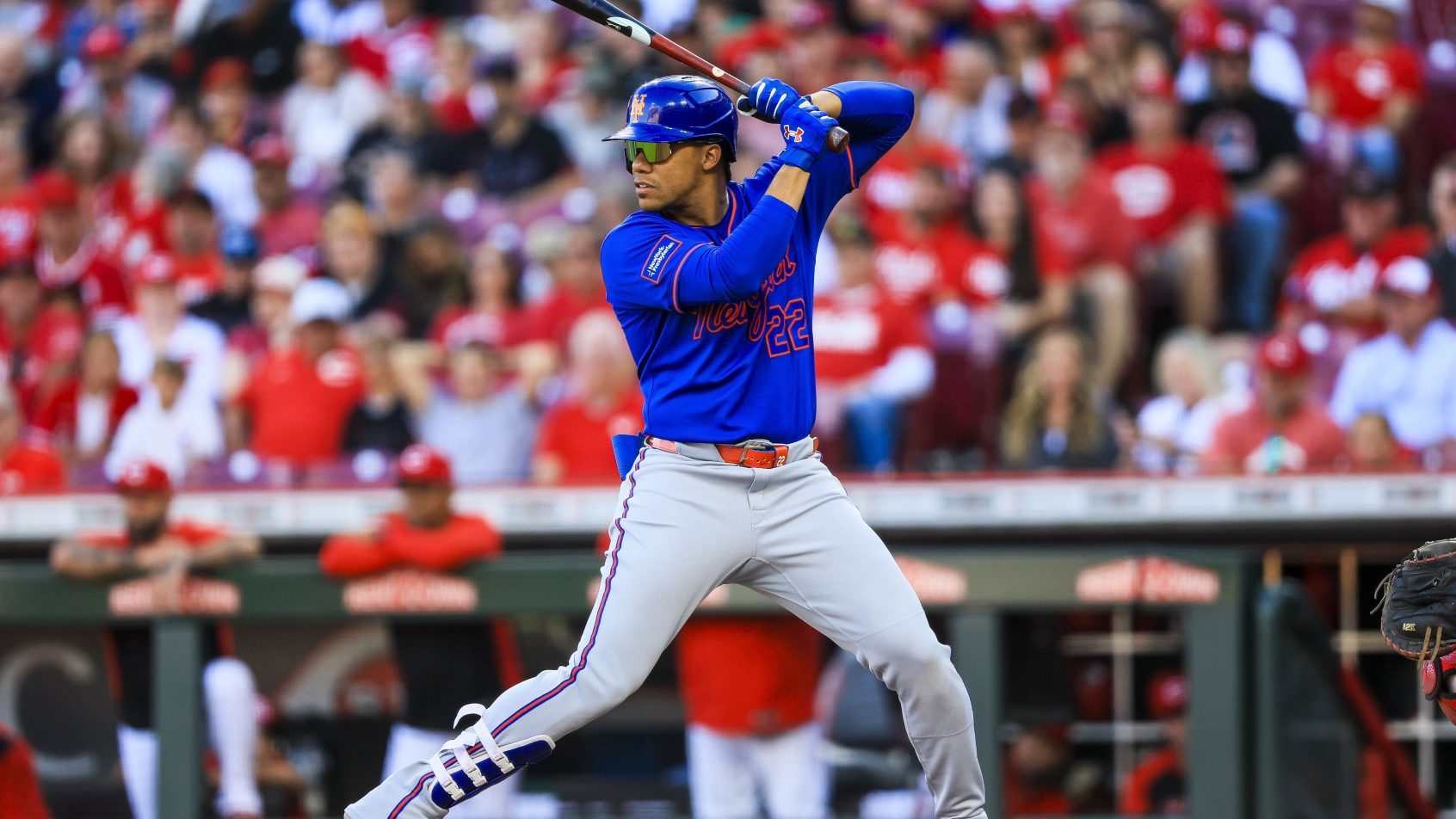 Juan Soto batting for the New York Mets against the Cincinnati Reds