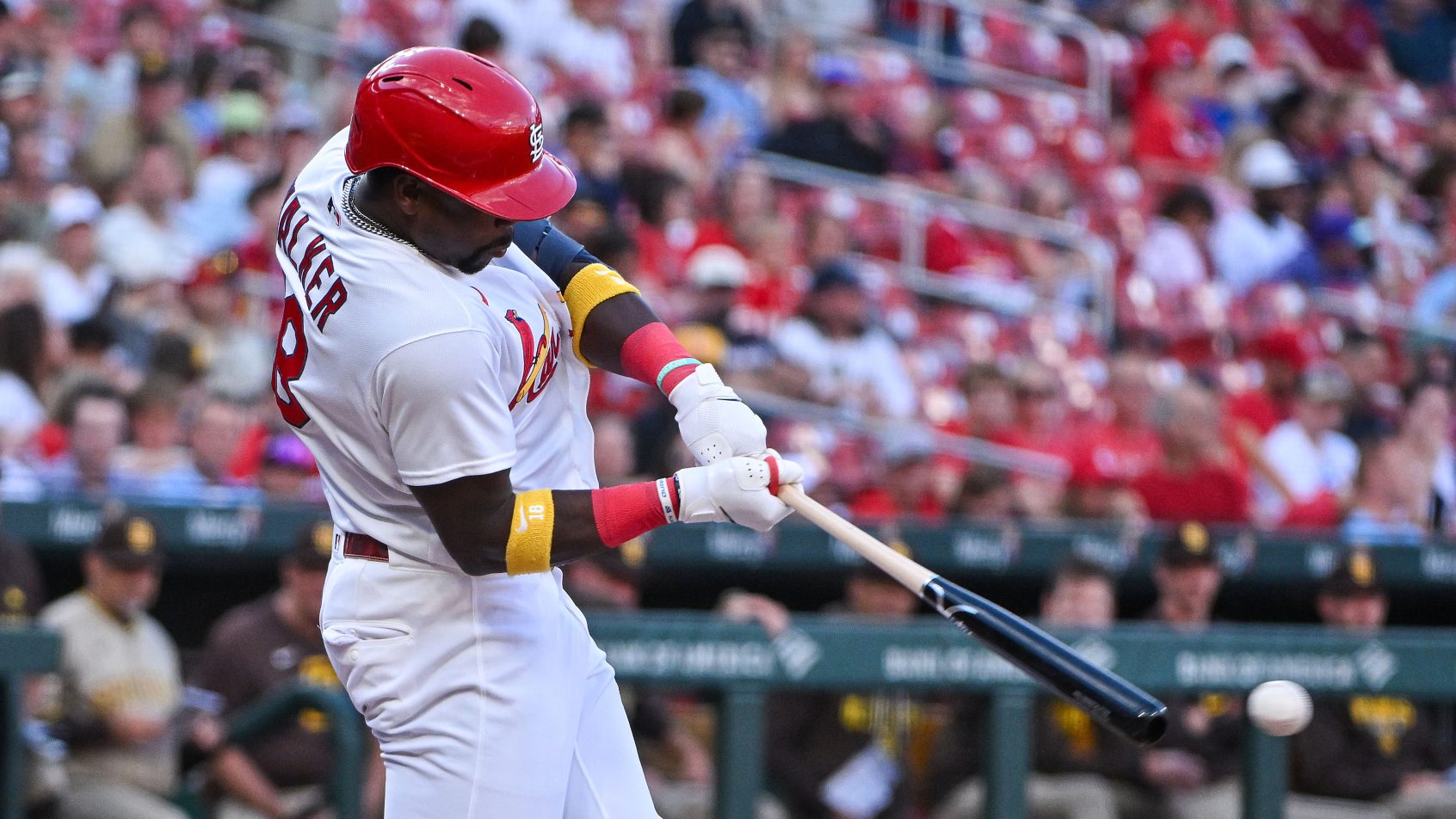 Jordan Walker smacks a hit vs the Padres.