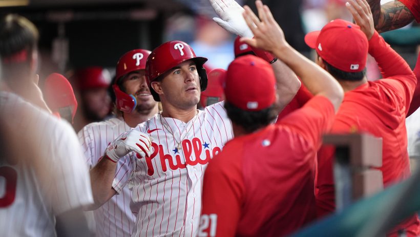 JT Realmuto celebrates a home run with his Phillies teammates.