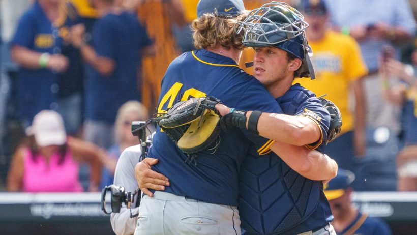 West Virginia celebrates a dominant victory over Troy at the College World Series.