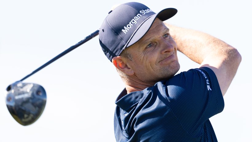 Justin Rose sweats a tee shot during a practice round at the US Open.