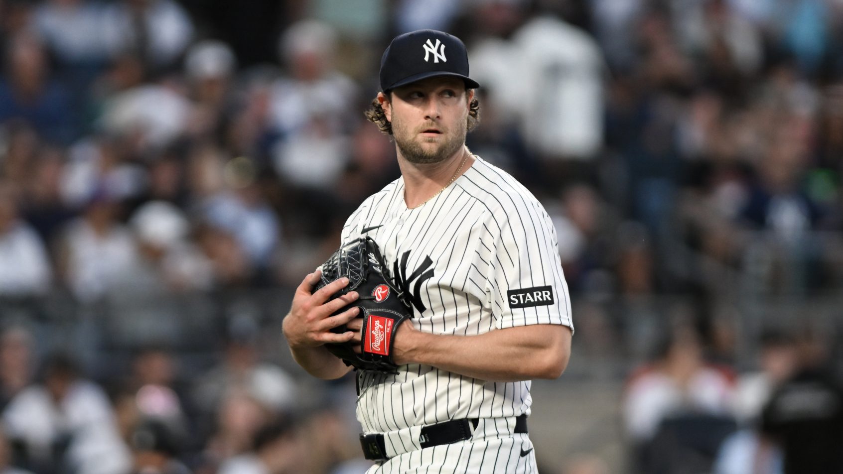 Gerrit Cole heads back to the dugout in a game versus the White Sox.