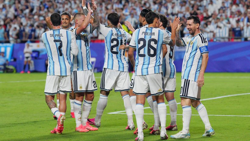 Argentina players celebrating in the 2026 FIFA World Cup.