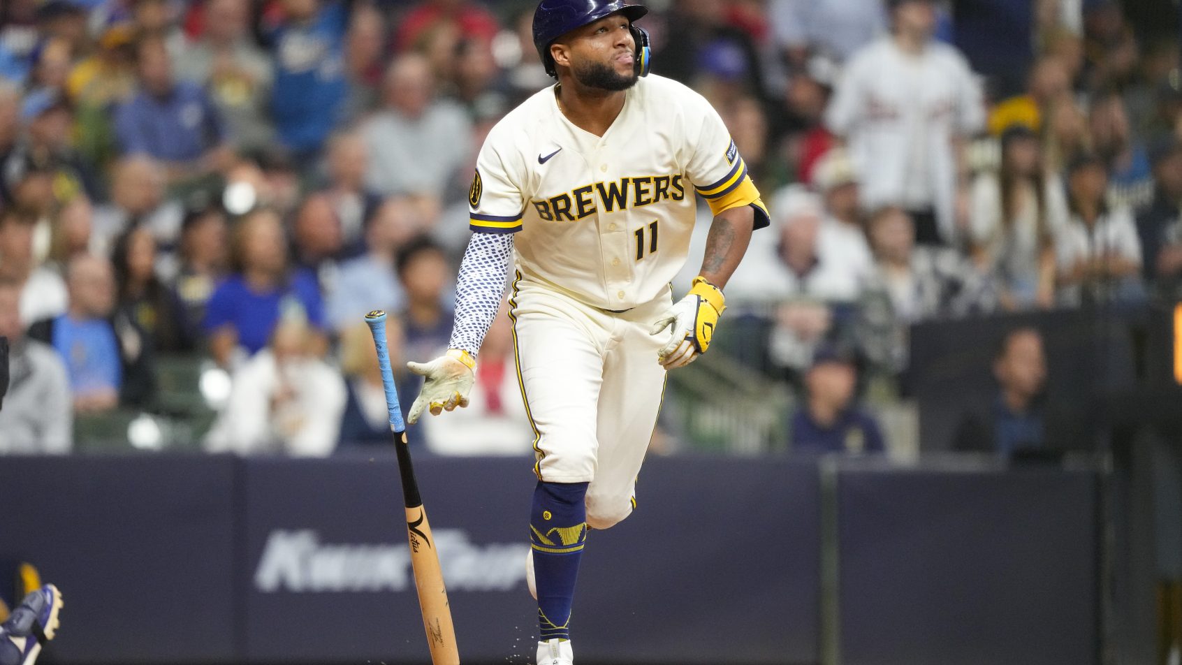 Jackson Chourio dropping bat and running