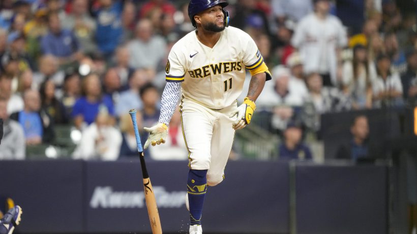Jackson Chourio dropping bat and running