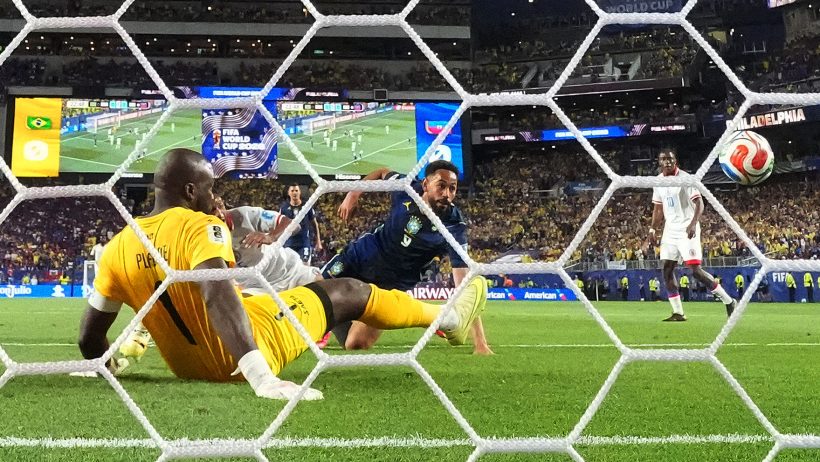 Brazil's Matheus Cunha scoring a goal against Haiti