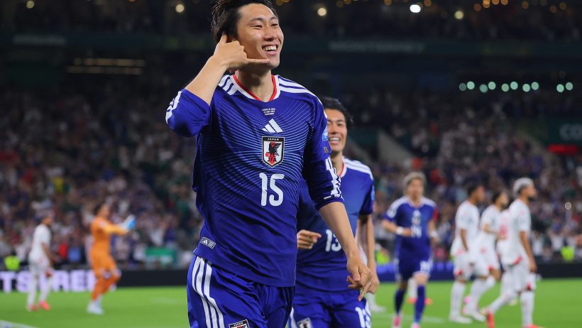 Daichi Kamada celebrating a goal with Japan in the 2026 FIFA World Cup.