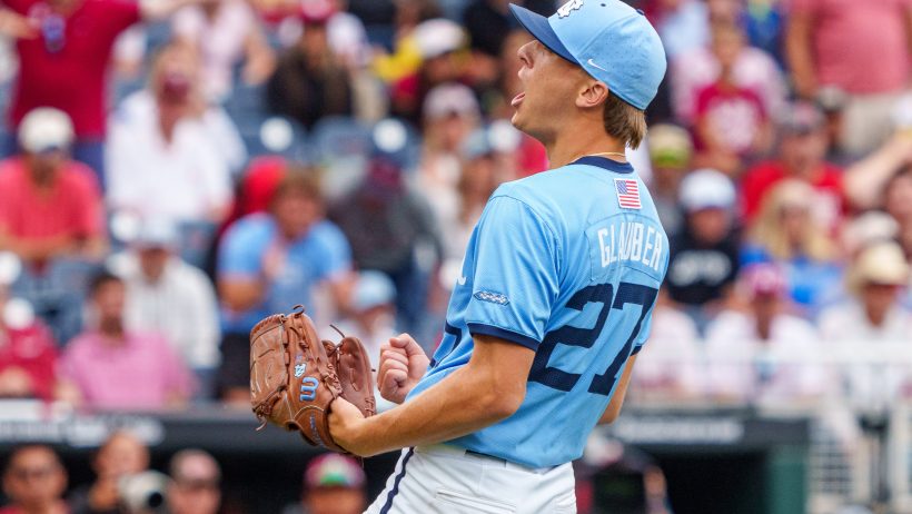 Caden Glauber celebrates during North Carolina's Game 2 victory at the College World Series.