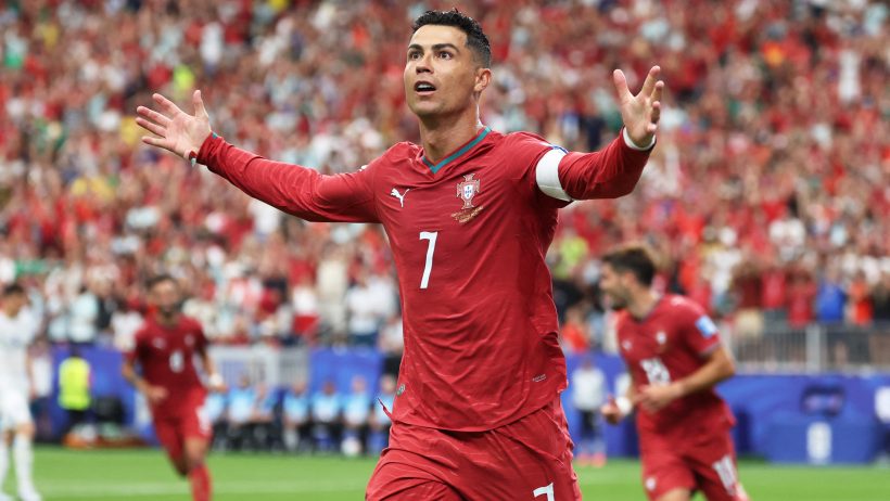 Portugal's Cristiano Ronaldo gestures to the crowd after scoring a goal