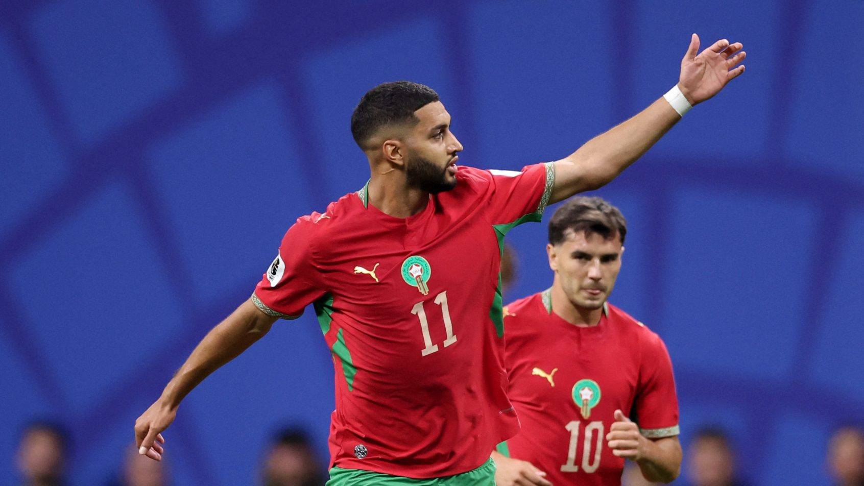 Ismael Saibari celebrating a goal for Morocco in the 2026 FIFA World Cup.