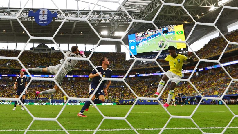 Brazil's Vinicius Junior scoring on a header vs Scotland