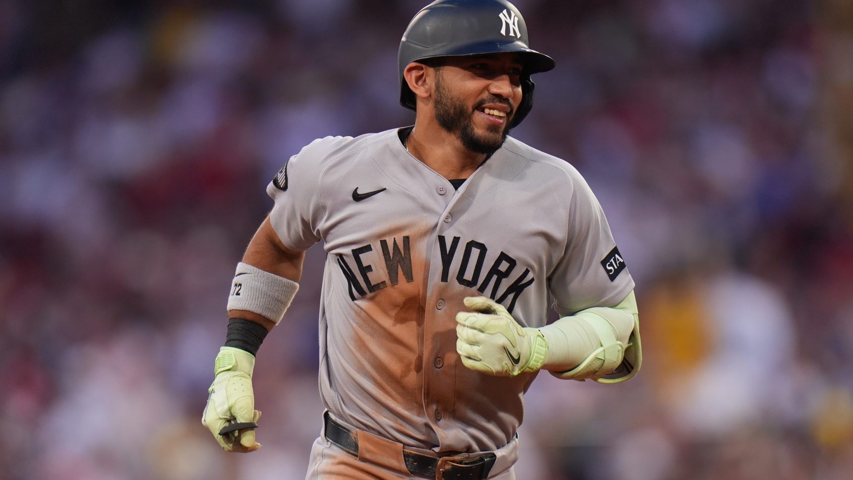 José Caballero celebrates a home run at Fenway Park vs the Red Sox.