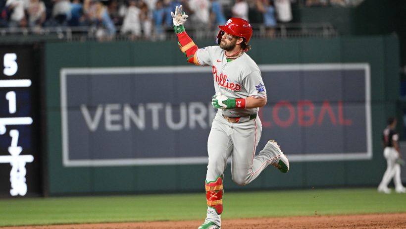 Bryce Harper celebrating a home run with the Philadelphia Phillies.