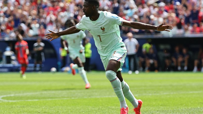 Ousmane Dembele celebrating a goal for France in the 2026 FIFA World Cup.
