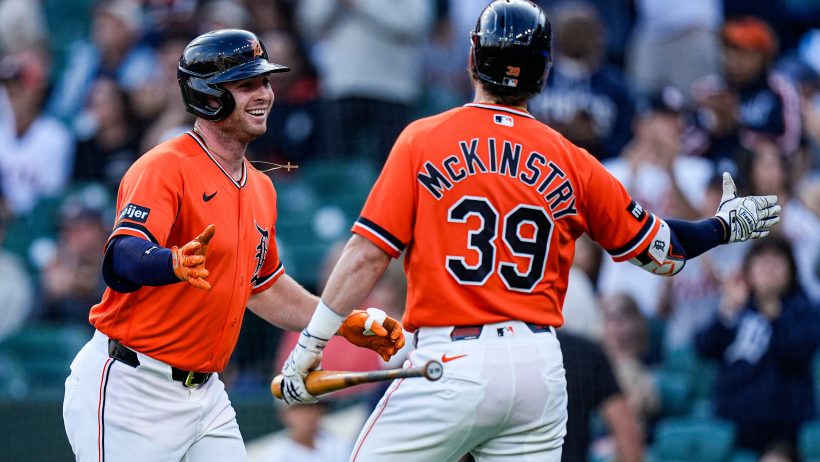 The Tigers celebrate a home run during a victory over the Astros.