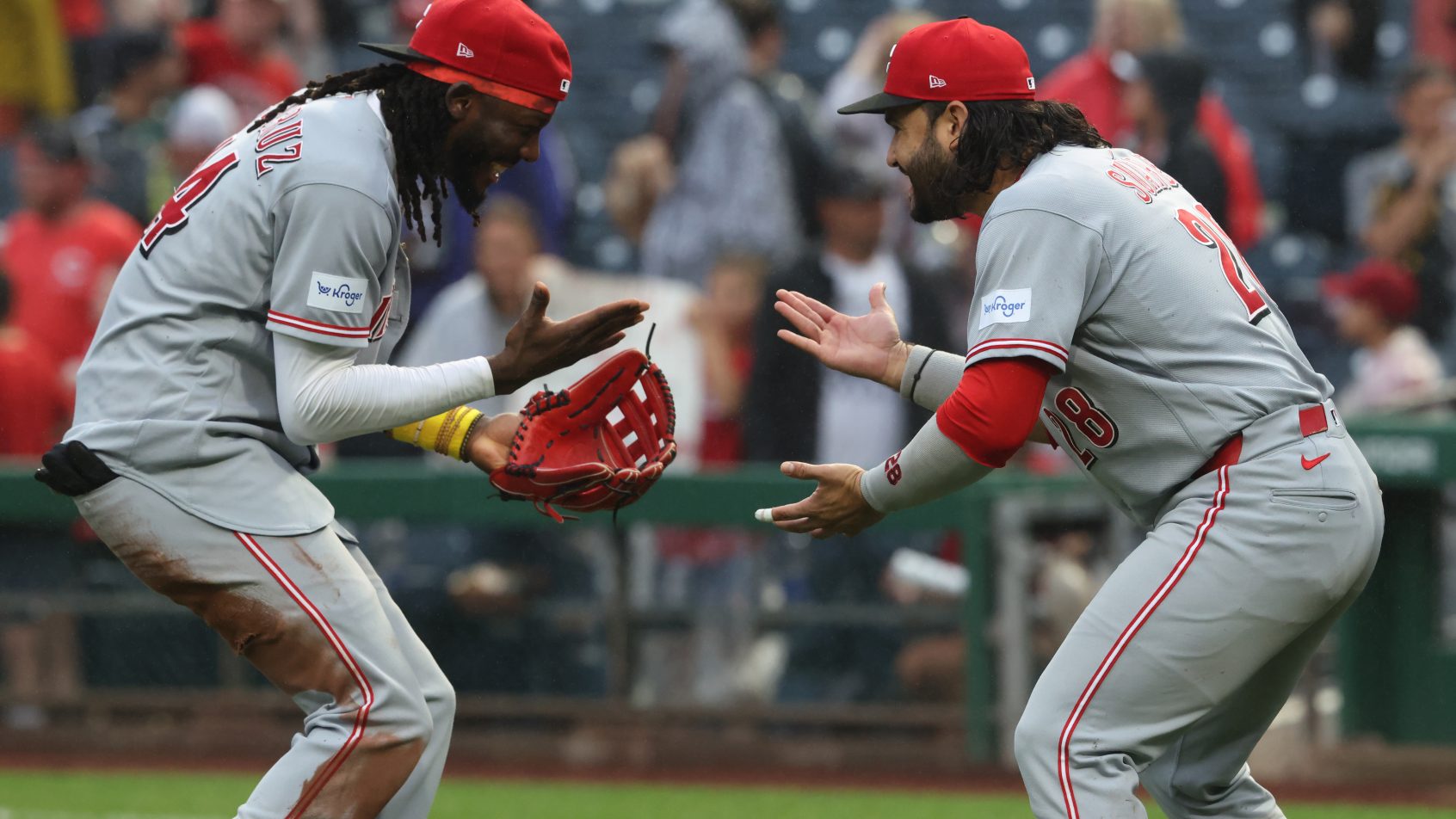 The Reds celebrate a victory over the Pirates.
