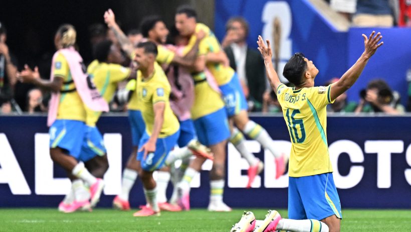 Brazil's Gabriel Martinelli celebrating a goal