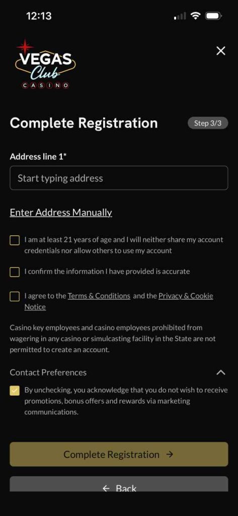 Vegas Club Casino Registration