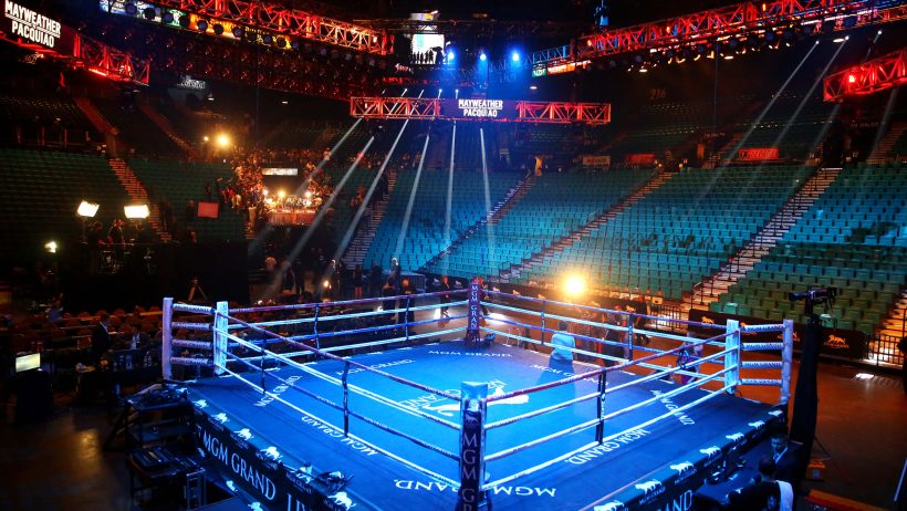 May 1, 2015; Las Vegas, NV, USA; Overall view of the empty boxing ring at the MGM Grand Garden Arena following weigh-ins for the upcoming boxing fight between Floyd Mayweather against Manny Pacquiao. Mandatory Credit: Mark J. Rebilas-USA TODAY Sports