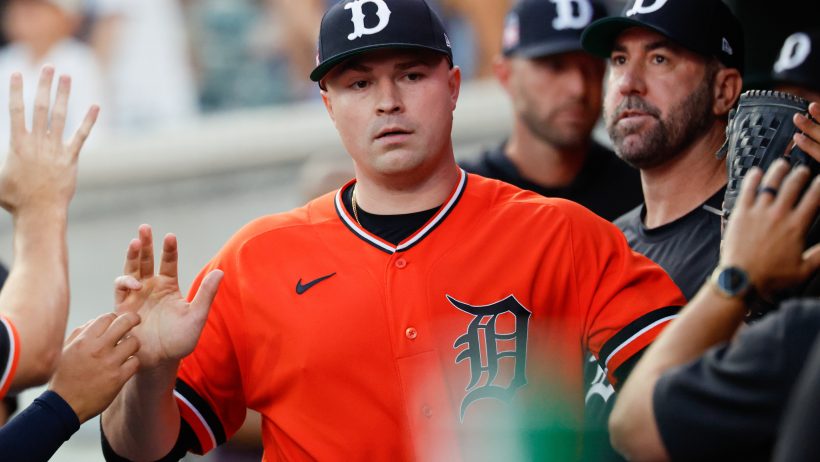 Detroit Tigers pitcher Tarik Skubal receives congratulations from teammates
