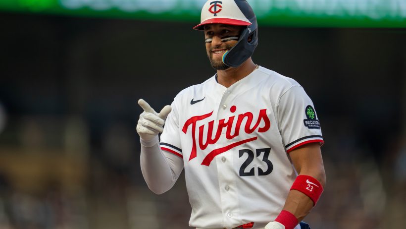Royce Lewis celebrates a hit.