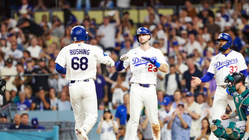 The Dodgers celebrate a home run