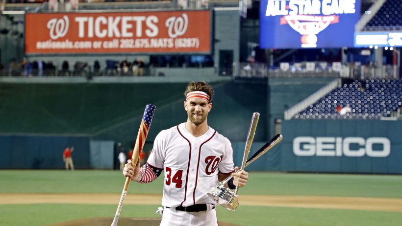 Washington Nationals right fielder Bryce Harper poses after winning 2018 HR Derby