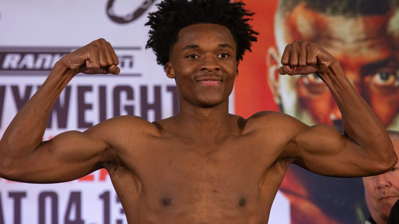 Abdullah Mason stands on a scale during Top Rank weigh-ins at the American Bank Center on Friday, April 12, 2024, in Corpus Christi, Texas.