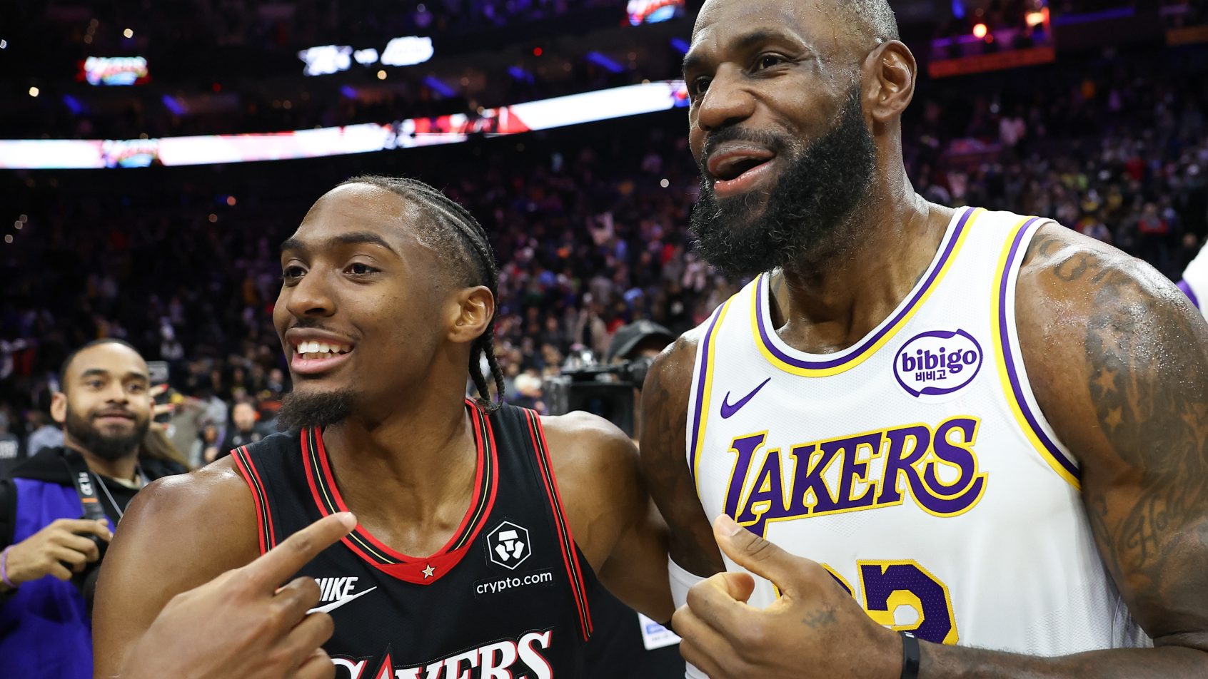 Los Angeles Lakers forward Lebron James (and Philadelphia 76ers guard Tyrese Maxey after the game
