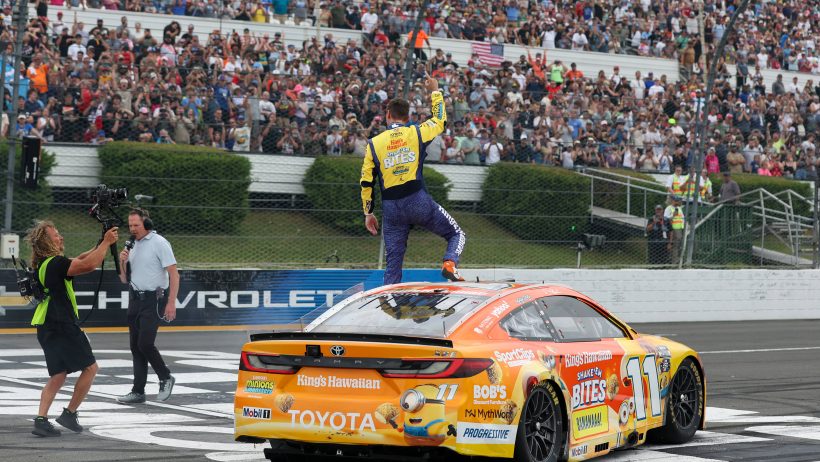 Denny Hamlin celebrates in Pocono (2026).