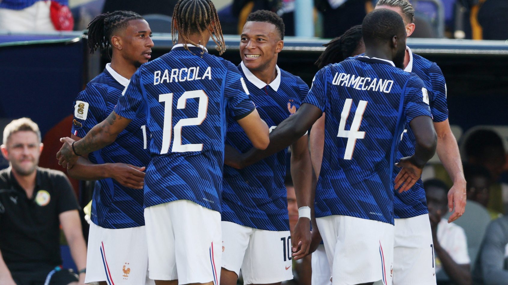Kylian Mbappe celebrating a goal for France in the 2026 FIFA World Cup.