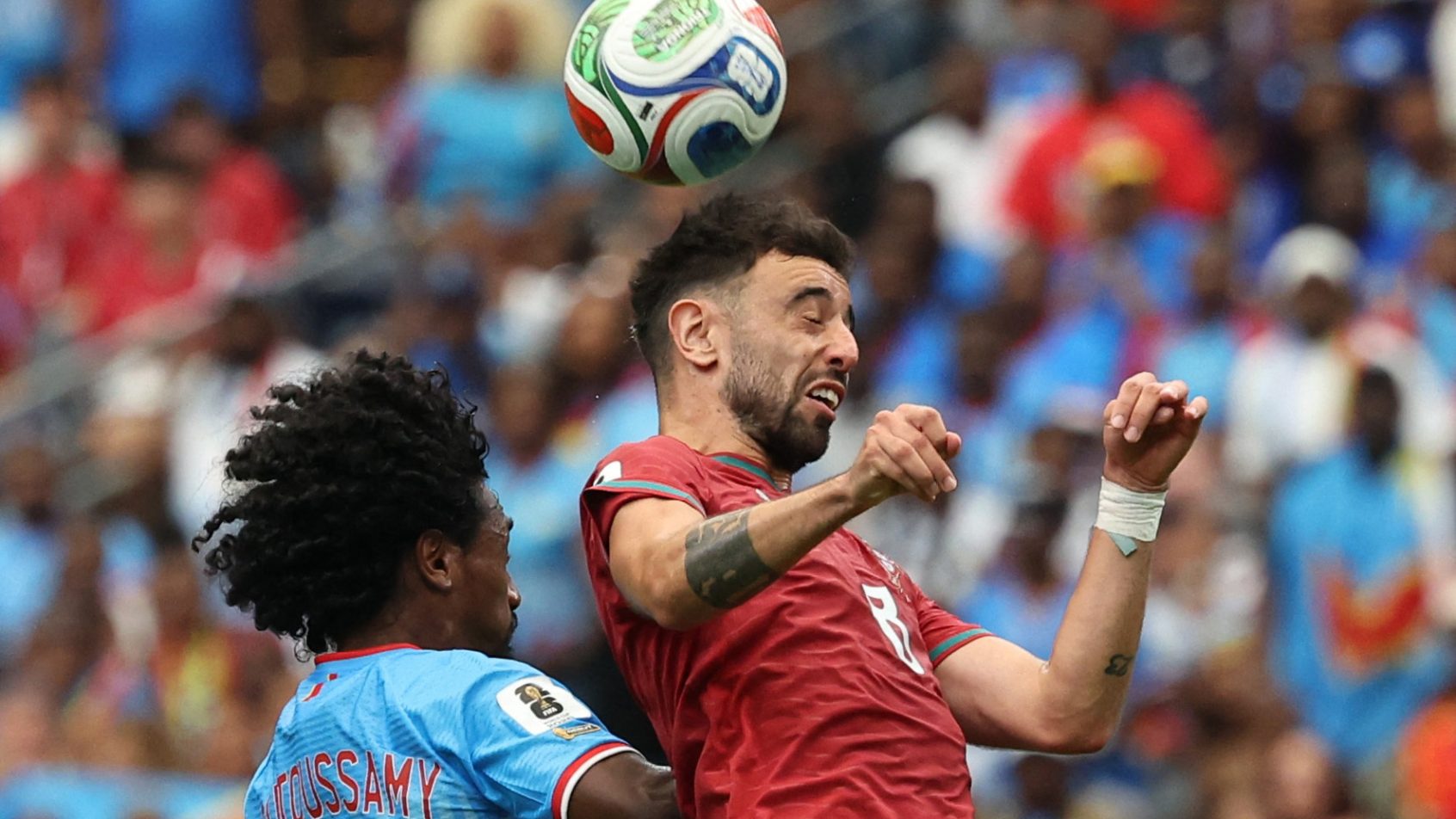 Portugal's Bruno Fernandes heading the ball