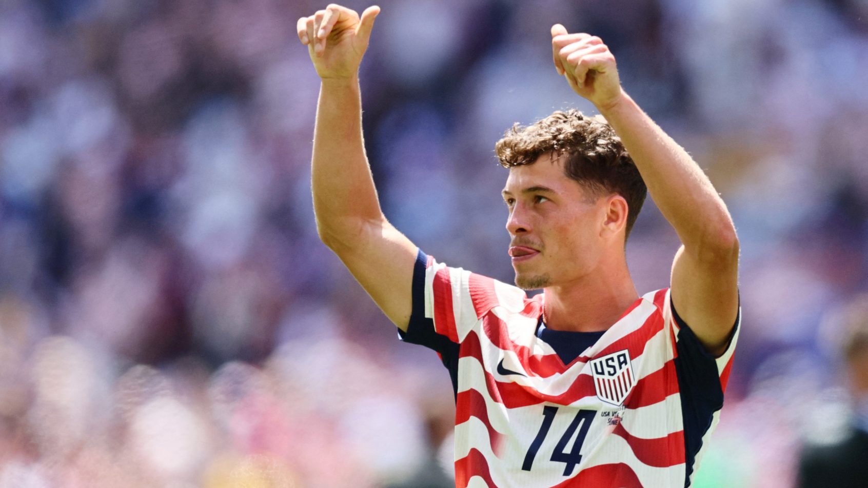 Sebastian Berhalter celebrates a USA victory over Australia at the FIFA World Cup.