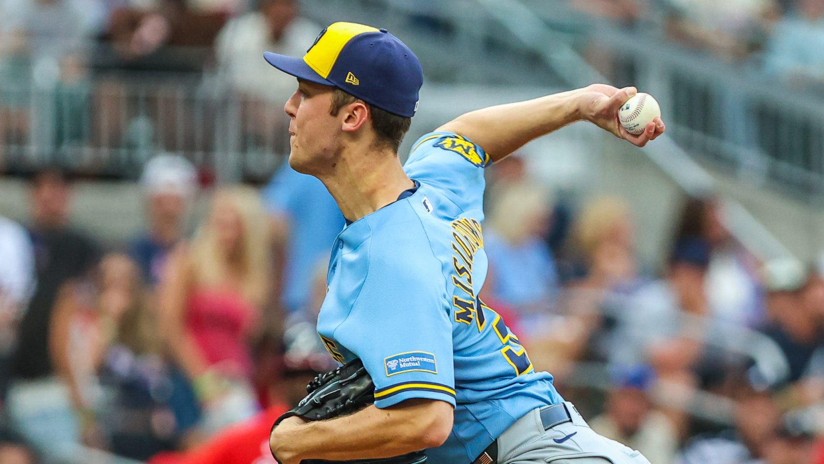 Jacob Misiorowski delivers a pitch versus the Braves at Truist Park.