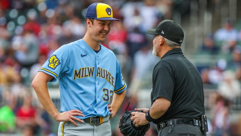 Jacob Misiorowski talking to umpire